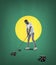 Abstract desing, concept of sport, action, motion in sport. Composition with young golf player with dices isolated on