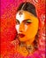 Abstract digital art of Indian or Asian woman\'s face, close up with colorful veil. An oil paint effect and glowing lights are