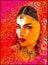 Abstract digital art of Indian or Asian woman\'s face, close up with colorful veil. An oil paint effect and glowing lights are