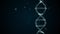 Abstract digital DNA molecule visualisation video shimmering over dark-blue background with bokeh particles around.