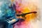 Abstract distressed watercolour painting of an acoustic guitar and electric piano keyboard synthesiser