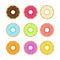 Abstract donuts illustration set in style and bright colors. glazed and powdered doughnuts