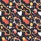 Abstract doodle clouds, snow and hearts colorful seamless pattern dark background