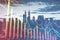 Abstract downward crisis chart grid on blurry city skyline background. Recession and economic fall concept. Double exposure