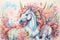 Abstract drawing of unicorns, fairies and rainbows in a watercolor detailed styles background