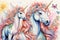 Abstract drawing of unicorns, fairies and rainbows in a watercolor detailed styles background