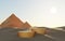 Abstract Dune cliff sand with metallic Podium stand platform and Egyptian Pyramid. Surreal Desert natural landscape background.