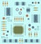 Abstract electronic circuit board. Microprocessor, microcircuits and other electronic components are located on the board and crea