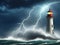 Abstract epic digital painting of a lighthouse battling the elements.