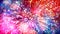 Abstract explosion of multicolored shiny particles like sparkles with light rays like laser show. 3d abstract background