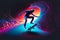 Abstract extreme sports lover performs leap into infinity with fictional skateboard or snowboard. Neural network