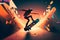 Abstract extreme sports lover performs leap into infinity with fictional skateboard or snowboard. Neural network