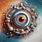 An abstract eye surrounded by floating spheres in a celestial setting with gradients of orange and blue., generative ai
