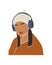 Abstract faceless woman in headphones. Girl listen to an audio recording with headphones. Modern vector illustration on