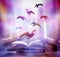 An abstract fantasy image opens an old book with birds flying out of the book as birds flying to the future with magical magic for