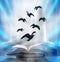 An abstract fantasy image opens an old book with birds flying out of the book as birds flying to the future with magical magic for