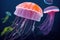 Abstract fantasy neon marine jellyfish flock swimming in deep sea. Dangerous colorful and beautiful undersea world.