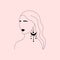 Abstract female face logo. Hand drawn boho feminine art with earring moon shapes. Linear minimal tattoo, vector