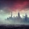 Abstract fictional scary dark wasteland city background colorful sky