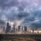 Abstract fictional scary dark wasteland city background light blue clouds