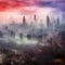 Abstract fictional scary dark wasteland city background misty cityscape looking down