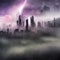 Abstract fictional scary dark wasteland city background purple mist and clouds