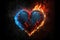 Abstract fiery flamy heart shape on a dark background. Valentine and love concept. Generative AI illustration