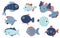 Abstract flat sea fish. Various tropical marine and ocean fish with minimalistic pattern, marine collection of different