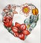 Abstract floral background with flowers in heart shape, hand made. water colors and pencil, valentine day, nature and love