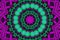 Abstract floral kaleidoscopic mandala in cyan purple and neon green, ornamental horizontal layout magic esoteric concept