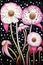 Abstract floral painting, cute whimsical artwork of pink flowers on a dark background. Generative AI