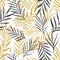 Abstract floral seamless pattern with palm leaves, trendy gold glitter texture