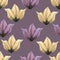 Abstract flowers seamless pattern, vector floral background, colorful drawing. Drawn yellow and purple buds and petals on violet b