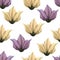 Abstract flowers seamless pattern, vector floral background, colorful drawing. Drawn yellow and purple buds and petals on white ba