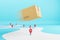 Abstract flying cardboard box above road with location pins on blue background. Express delivery concept.