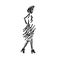 Abstract free fashion model walking in skirt, ink  doodle, sketch, outline black and white ashion illustration
