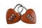 Abstract,  front view straight two red heart together combination lock, Symbol valentine, happy, unhappy. Metal padlock. Material