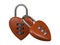 Abstract,  front view straight two red heart together combination lock, Symbol valentine, happy, unhappy. Metal padlock. Material