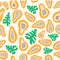 Abstract fruit cell pattern with papaya. Tropical seamless pattern with papaya and palm leaves, crossing lines