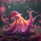 Abstract funny adorable purple pink octopus with bubbles background. Generative Ai