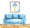 Abstract furniture elements of living room on white background. Blue comfortable sofa on rough wooden floor against wall