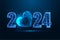 Abstract futuristic 2024 Happy New Year digital web banner with festive glowing heart on dark blue