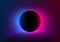 Abstract futuristic background with vivid neon blue pink light behind the black circle. Eclipse concept. Design of