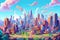 Abstract futuristic future city view, beautiful sunset. AI generative cartoon style illustration