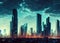 abstract futuristic modern cityscape skyscaper line at night during sunset created with generative ai technology