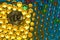 abstract futuristic vibrant background with 3d balls in various colors in the yellow part of bitcoin coins, new age cryptoworld
