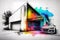 abstract garage pencil sketch with bright and bold colors