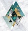 Abstract geometric background, modern marble mosaic inlay, malachite green triangles, black white stone textures, golden foil.