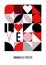 Abstract geometric bauhaus poster. Heart, love, text and other primitive forms, shapes. Modern flat style. Primitive