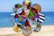 Abstract geometric collage art with summer elements, sea shore as a background